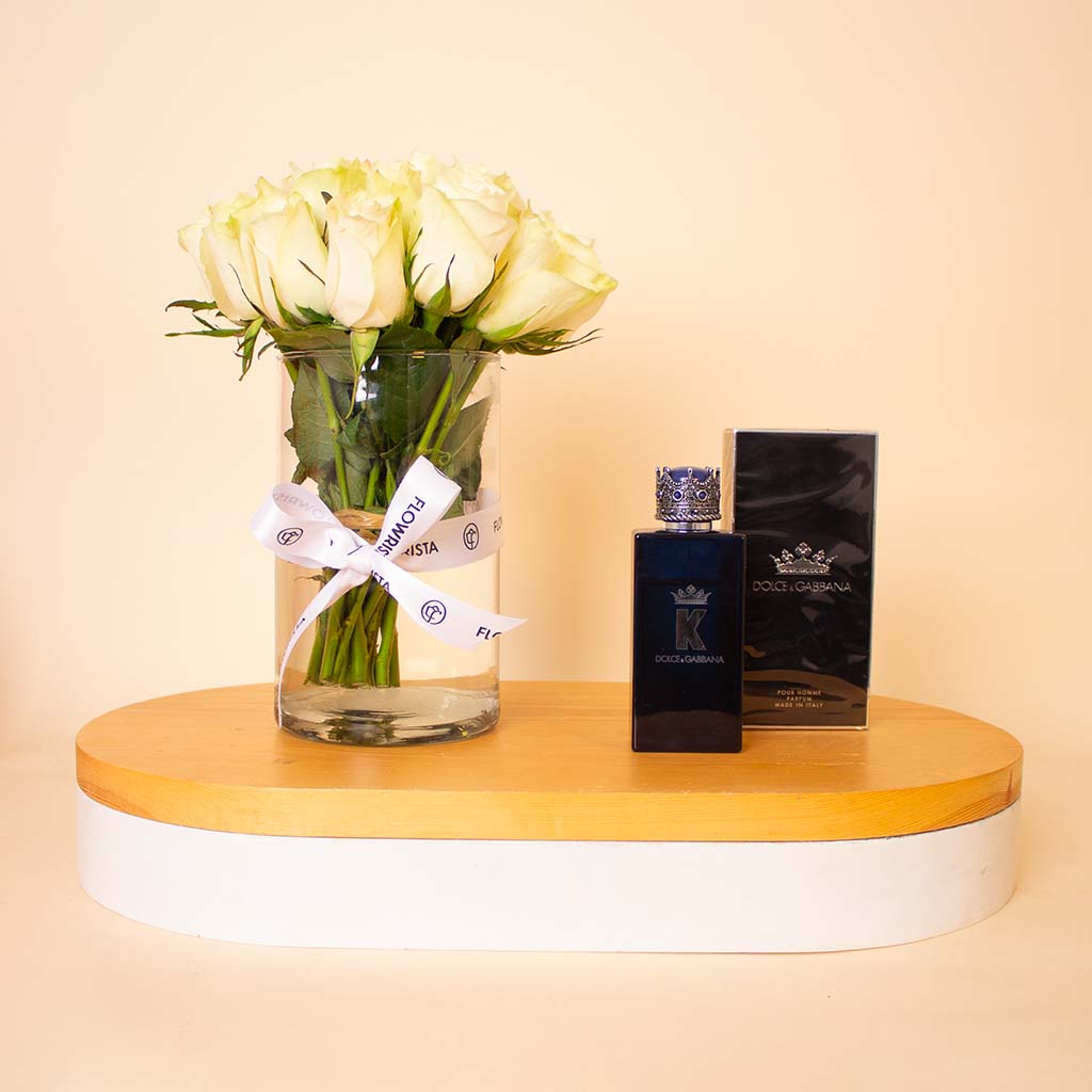 Flowrista Online Flowers Shop Dolce & Gabbana K Pour Homme Parfum 100ml & White Roses Vase