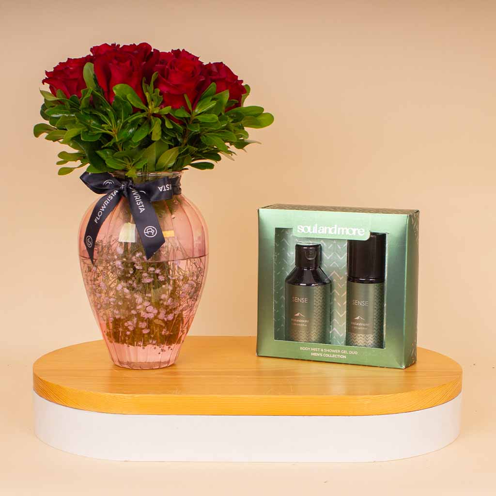 Flowrista Online Flowers Shop مجموعة سول آند مور سينس للرجال مع مزهرية الورود الحمراء