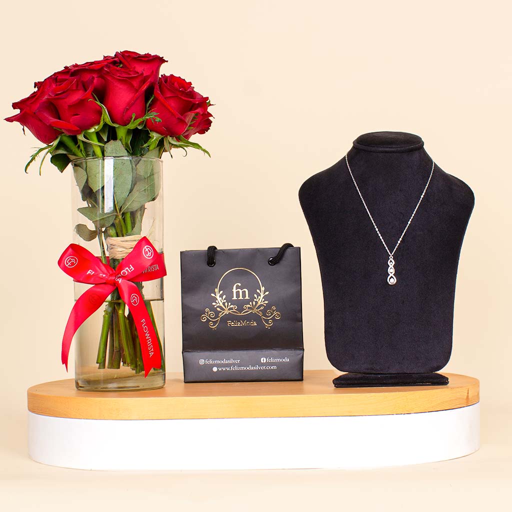 Flowrista Online Flowers Shop مزهرية من الورود الحمراءسلسلة الفضة من فيليز مودا مع ثلاث أحجار و قلب الحب الرمزي