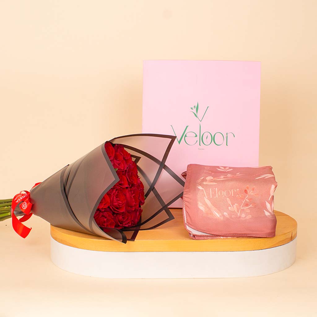 Flowrista Online Flowers Shop Veloor Rafef Scarf & Red Roses Bouquet