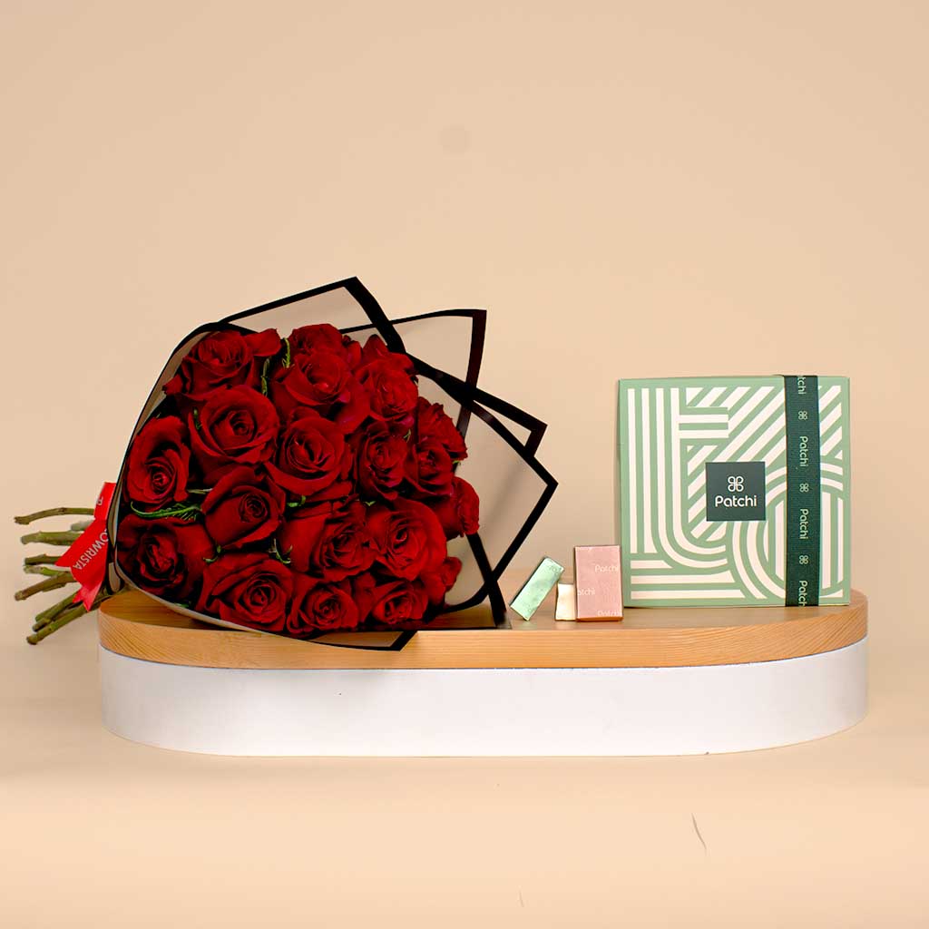 Flowrista Online Flowers Shop Valentine’s Bouquet of 20 Red Roses with Patchi Chocolate