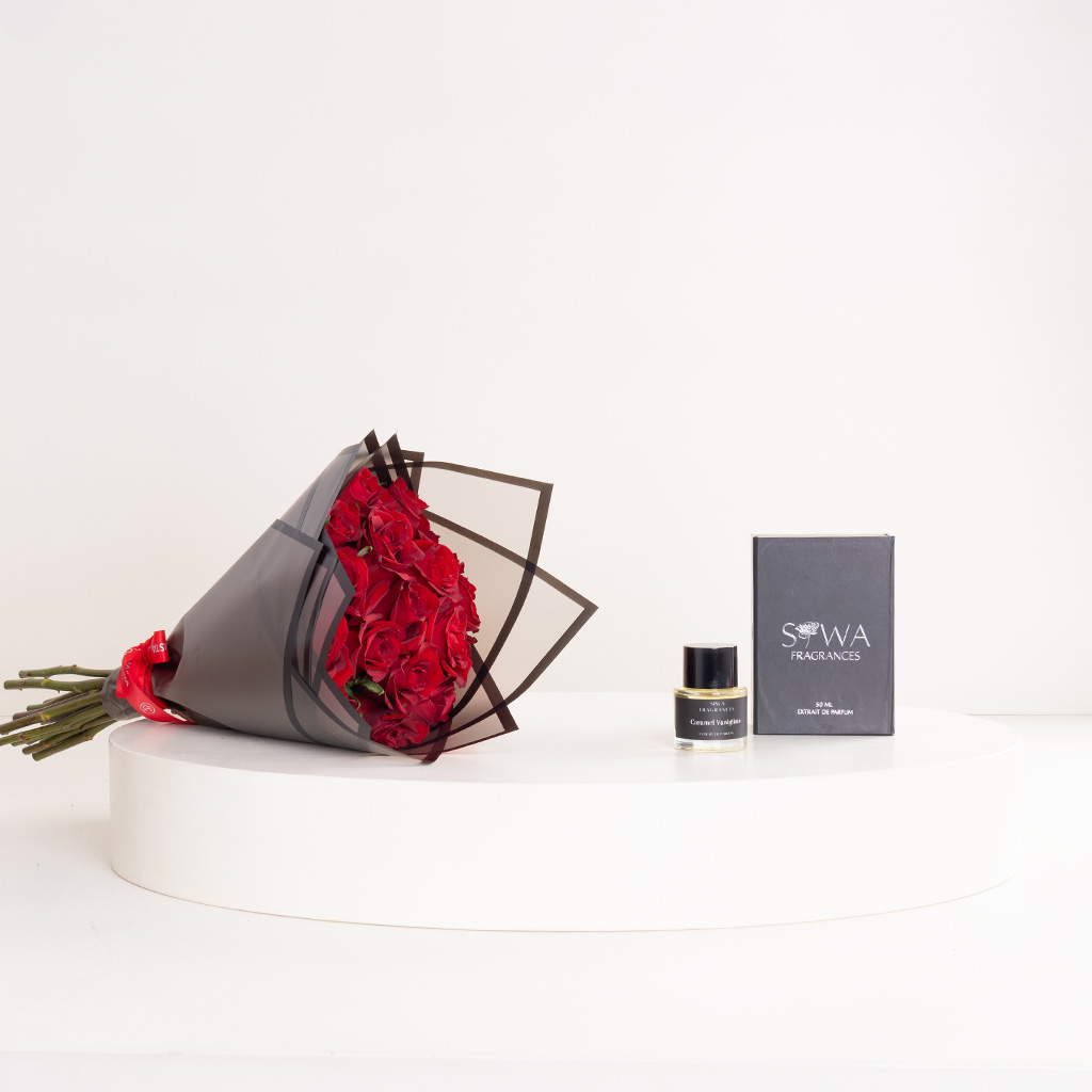 Flowrista Online Flowers Shop Siwa Caramel Vanigliato 50ml Fragrance & Red Roses Bouquet