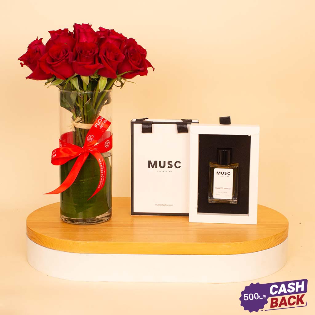Flowrista Online Flowers Shop MUSC Tobacco Vanille 50ml & Red Roses Vase