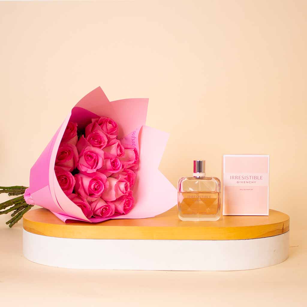 Flowrista Online Flowers Shop Irresistible Givenchy Irresistible For Her EDP 50ml & Pink Roses Hand Bouquet