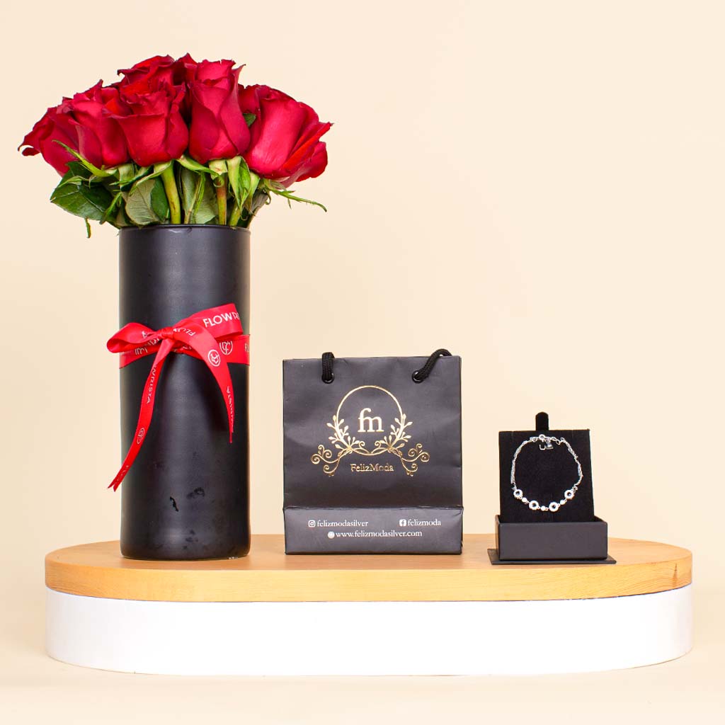 Flowrista Online Flowers Shop Felizmoda Black Stones Silver Bracelet | Red Flower Vase