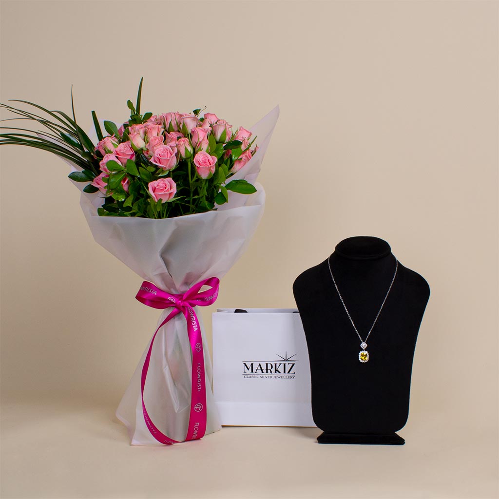 Flowrista Online Flowers Shop Pinky bouquet | Markiz Centered stone silver Necklace