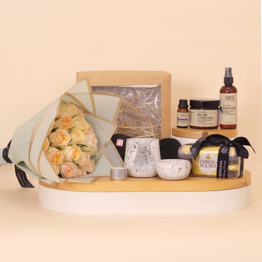 Flowrista Online Flowers Shop Areej Luxury Relaxation Gift Set with Roses & Chocolates