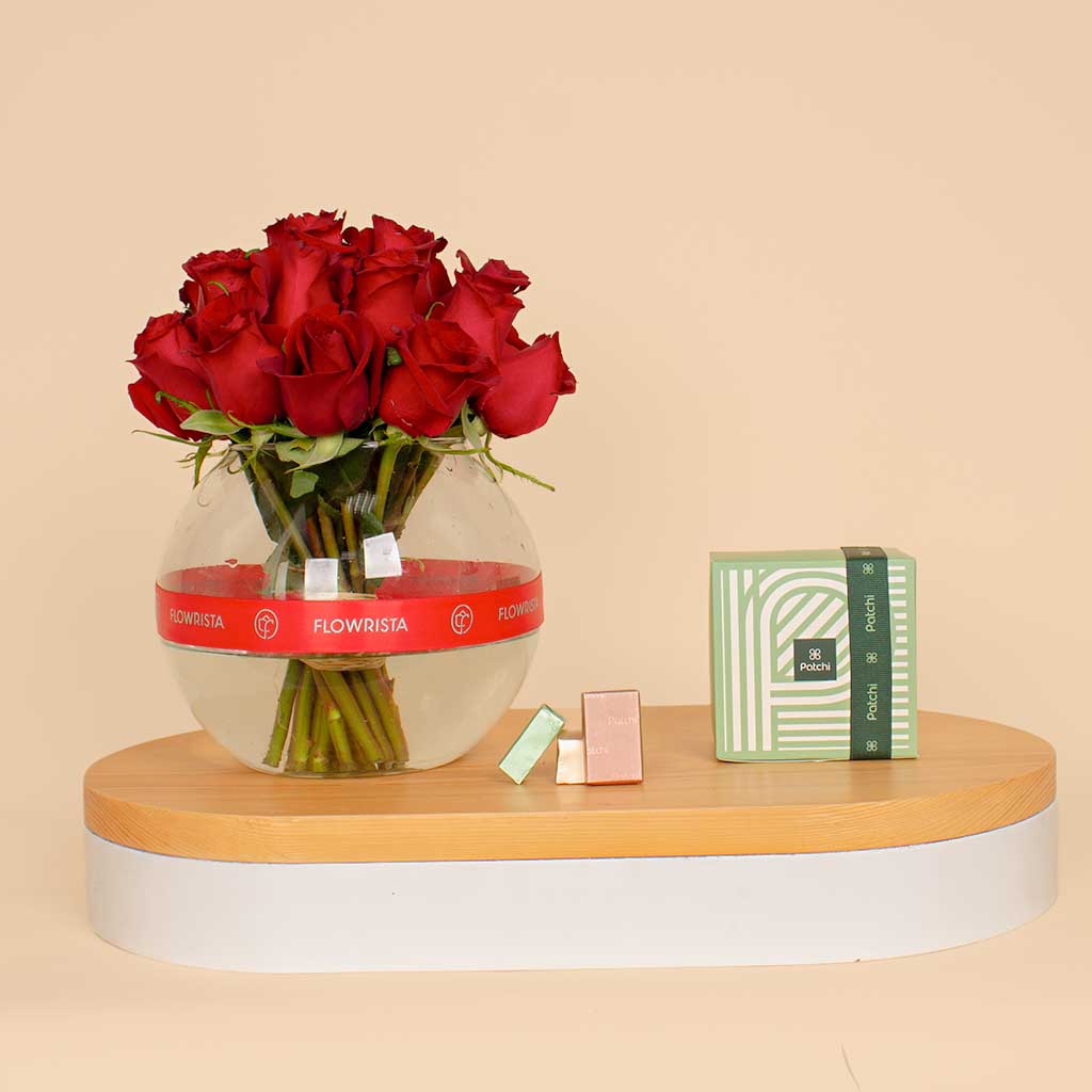 Flowrista Online Flowers Shop Patchi Chocolate Box 250g | 15 Red Rose Vase