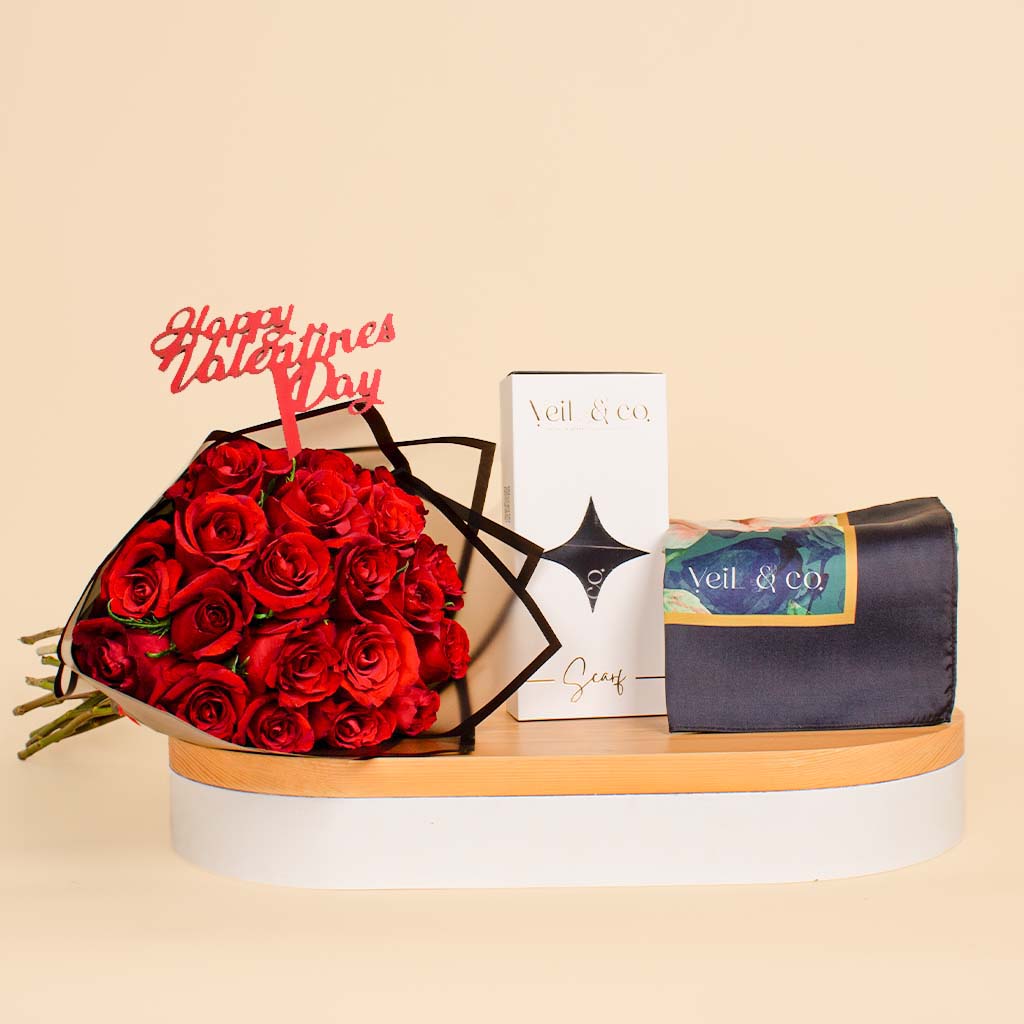 Flowrista Online Flowers Shop حجاب حرير رويال بلوسوم من فيل آند كو | باقة وردة حمراء لعيد الحب