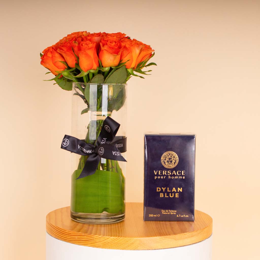 Flowrista Online Flowers Shop Versace Dylan Blue Eau de Toilette for Men 200 ml & Orange Roses Bouquet