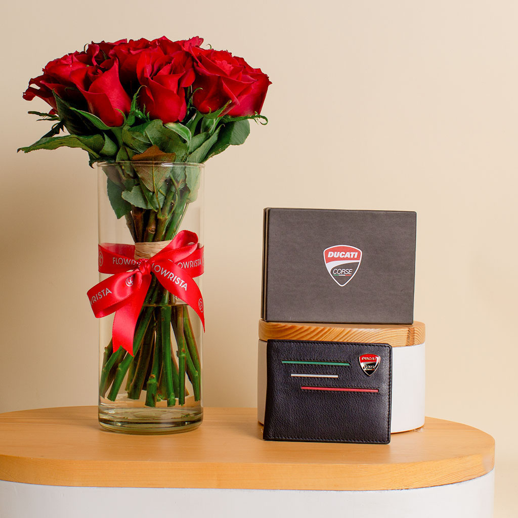 Flowrista Online Flowers Shop Ducati Corse Wallets DTLGW2200201 | Red Rose Vase 15 Roses