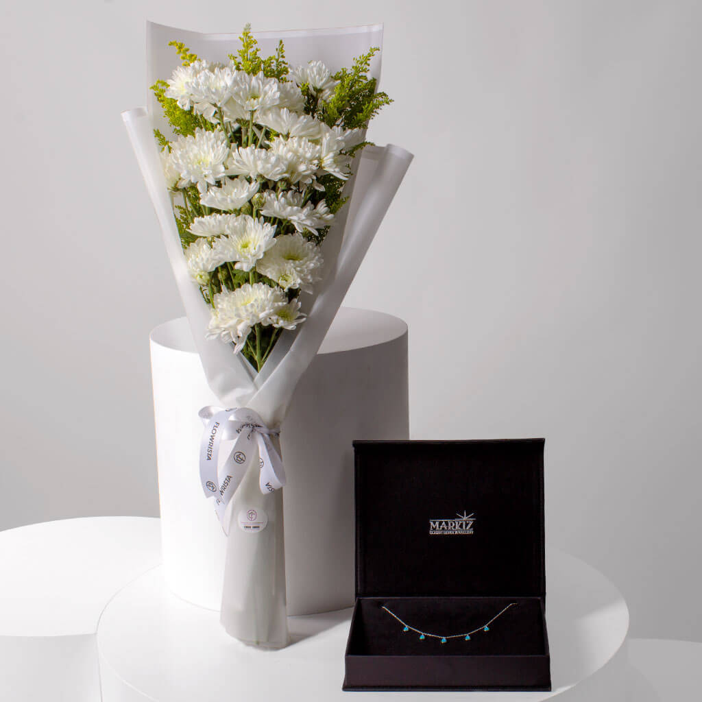 Flowrista Online Flowers Shop Markiz Rhodium Opal Necklace & 10 White Chrysanthemum Bouquet