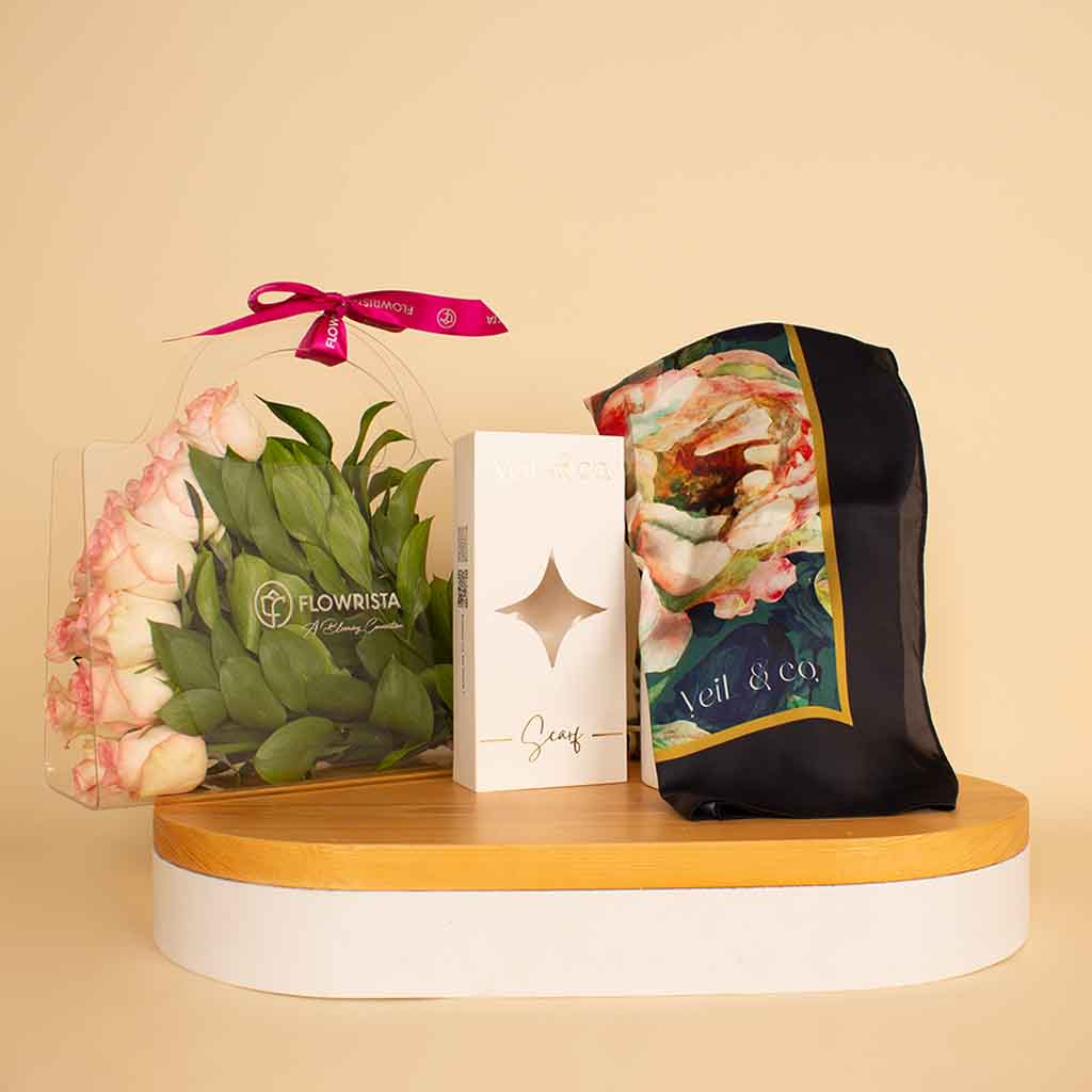 Flowrista Online Flowers Shop Veil & Co Gift Set – Luxurious Silk Hijab & Roses