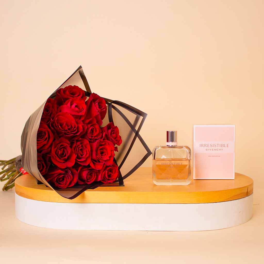 Flowrista Online Flowers Shop Givenchy Irresistible For Her EDP 50ml & Red Roses Hand Bouquet