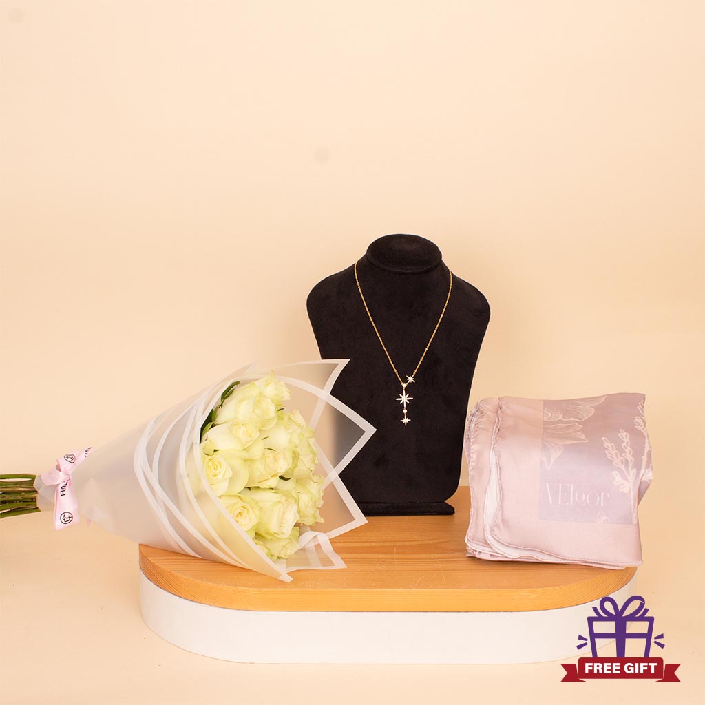 Flowrista Online Flowers Shop Verool Nōor Scarf & Felizmoda Stars Necklace with White Roses Bouquet