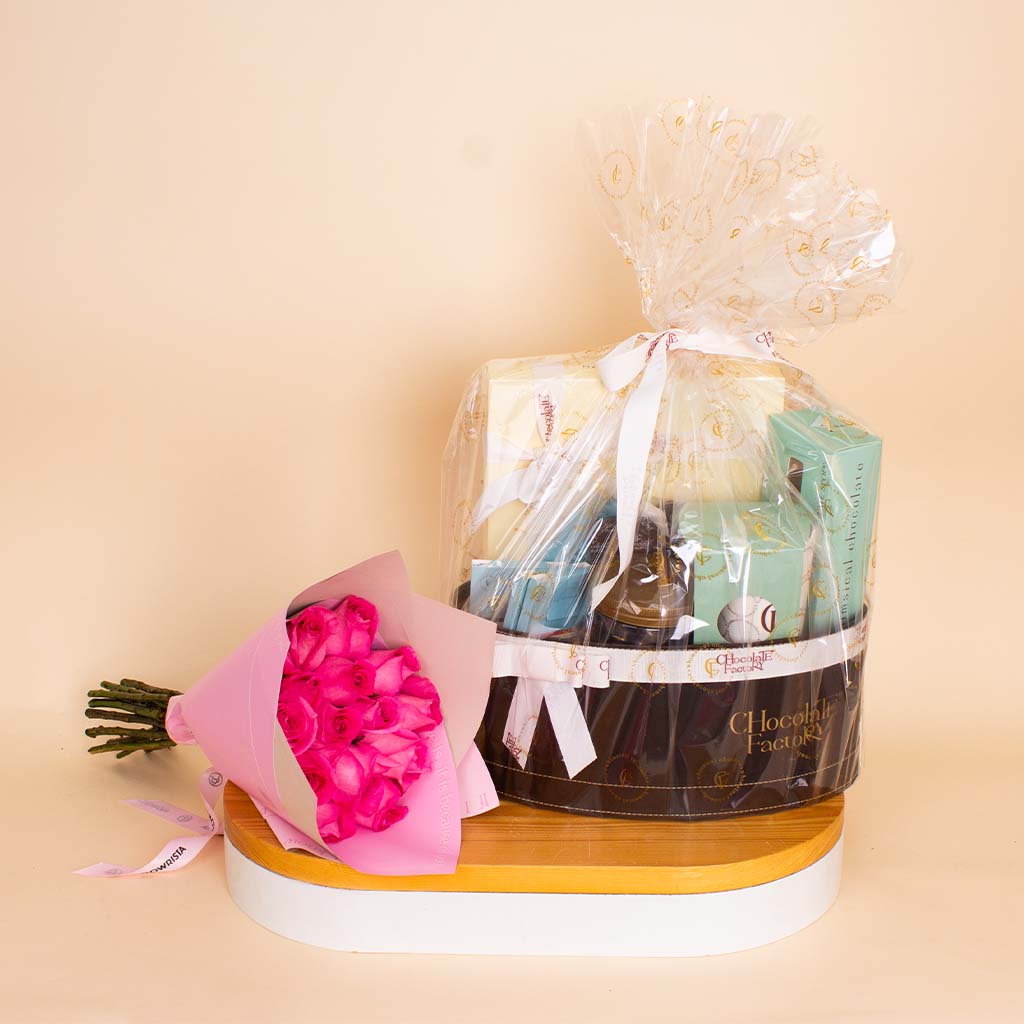 Flowrista Online Flowers Shop Chocolate Factory | Assorted Gift Box & Pink Roses Bouquet