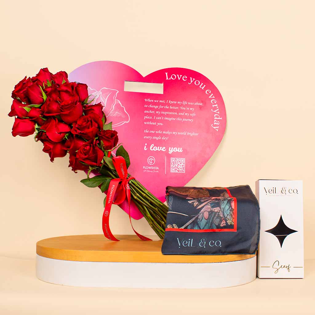 Flowrista Online Flowers Shop فيل & كو نوار كاسكيد حجاب حريري | فلوريستا تقدم قلب الحب 15وردة 
