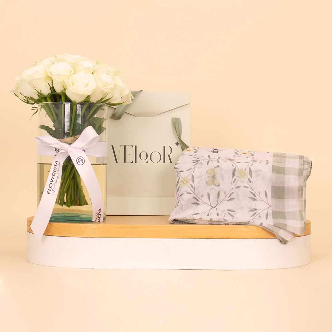 Flowrista Online Flowers Shop Veloor Scarf | Butterbees and White Rose Vase
