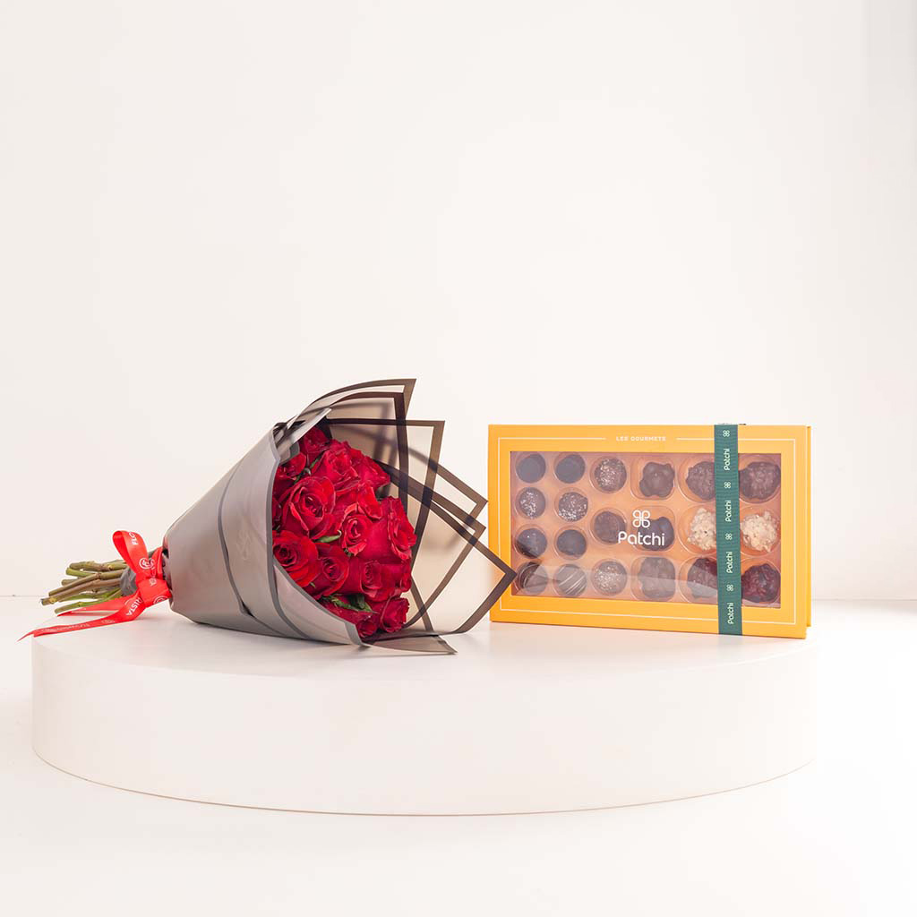 Flowrista Online Flowers Shop باتشي لي شوكو كراميل ٤٠ قطعة وباقة ورد حمراء