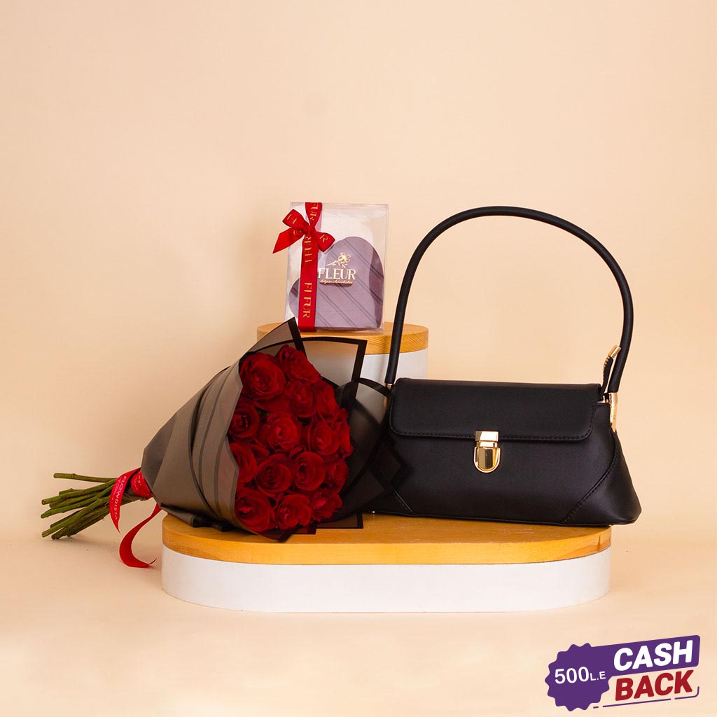Flowrista Online Flowers Shop Alamki Arvin Black Bag & Fleur Heart Chocolate & Red Roses