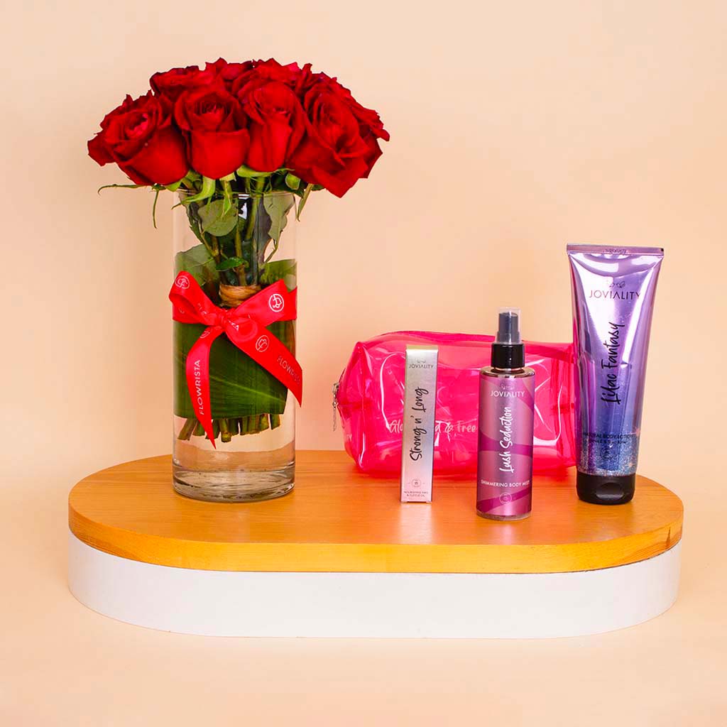 Flowrista Online Flowers Shop Joviality Pink Glow Set & Red Roses Vase