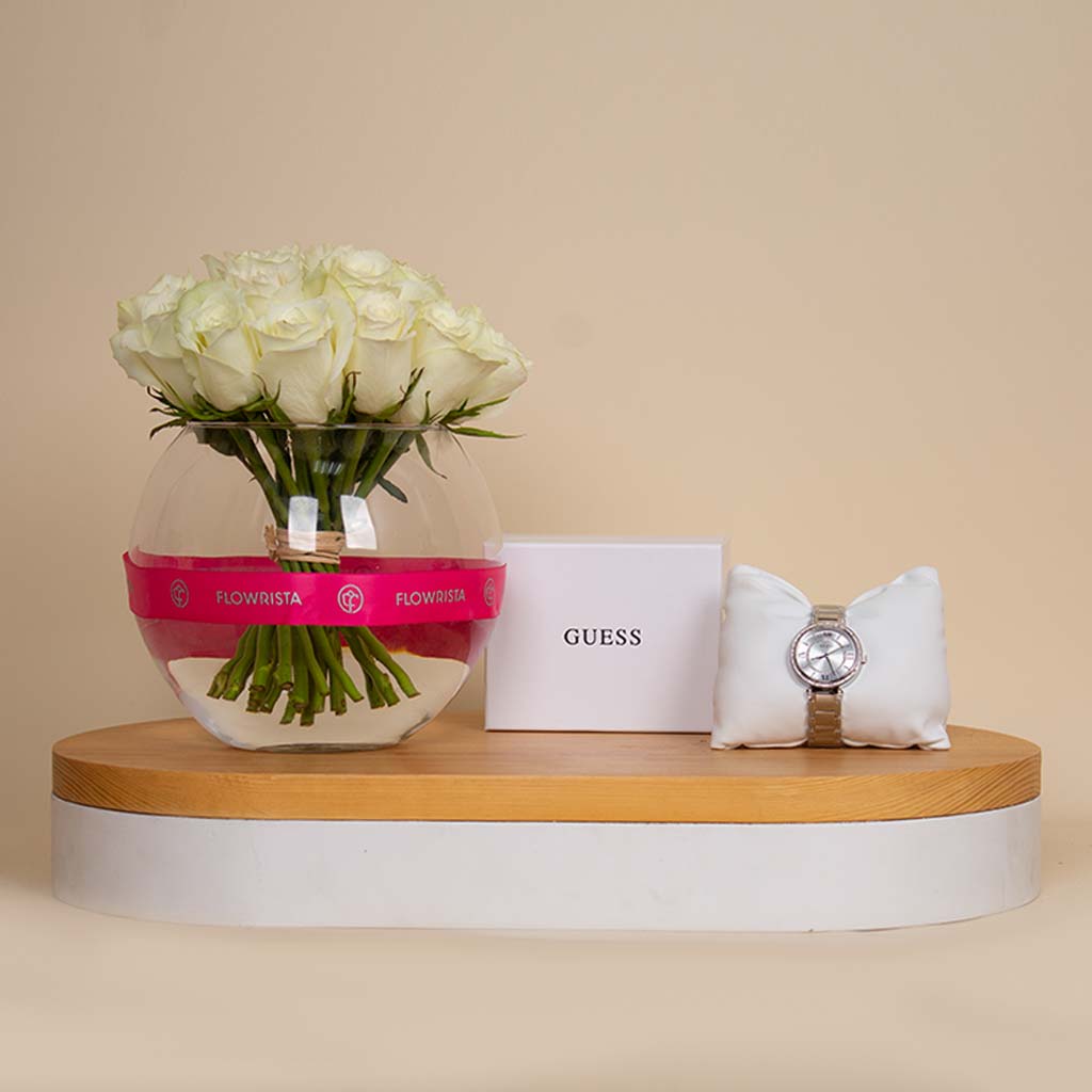 Flowrista Online Flowers Shop Guess Montage Watch GW0588L2 & 20 White Roses