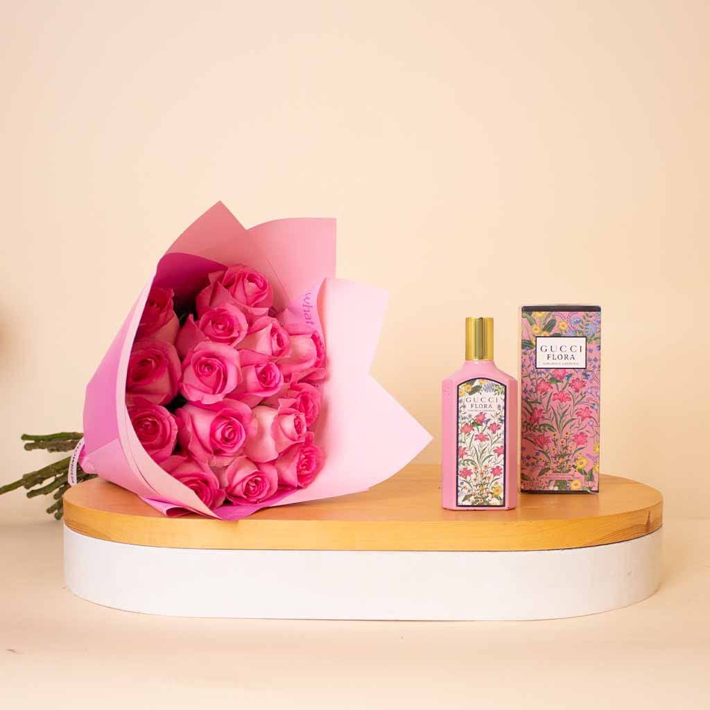 Flowrista Online Flowers Shop Gucci Flora Gorgeous Gardenia For Women EDP 100ml & Pink Roses Bouquet