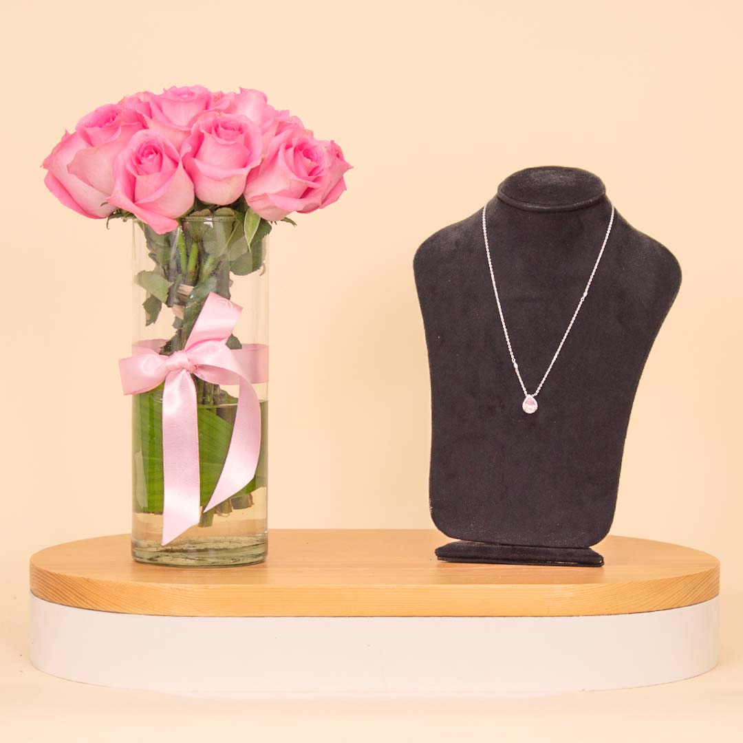 Flowrista Online Flowers Shop Markiz Teardrop Necklace with Pink Zircon & 15 Pink Roses Vase