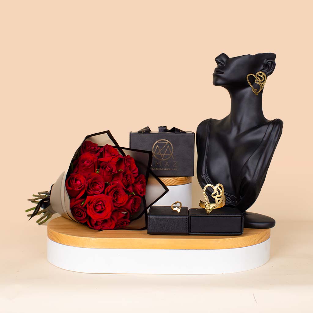Flowrista Online Flowers Shop مجموعة أماز الفاخرة - ١٥ وردة ومجوهرات الحب الأبدي