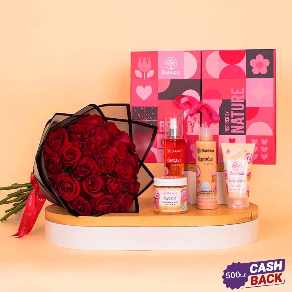Flowrista Online Flowers Shop مجموعة بابلز كب كيك للعناية بالجسم والورود الحمراء