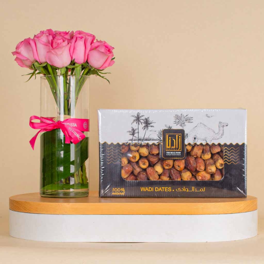 Flowrista Online Flowers Shop Zadna Dates with Nuts & Pink Roses Vase