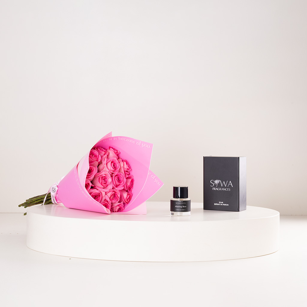 Flowrista Online Flowers Shop Siwa Alluring Rose Eau de Parfum & Pink Roses Bouquet