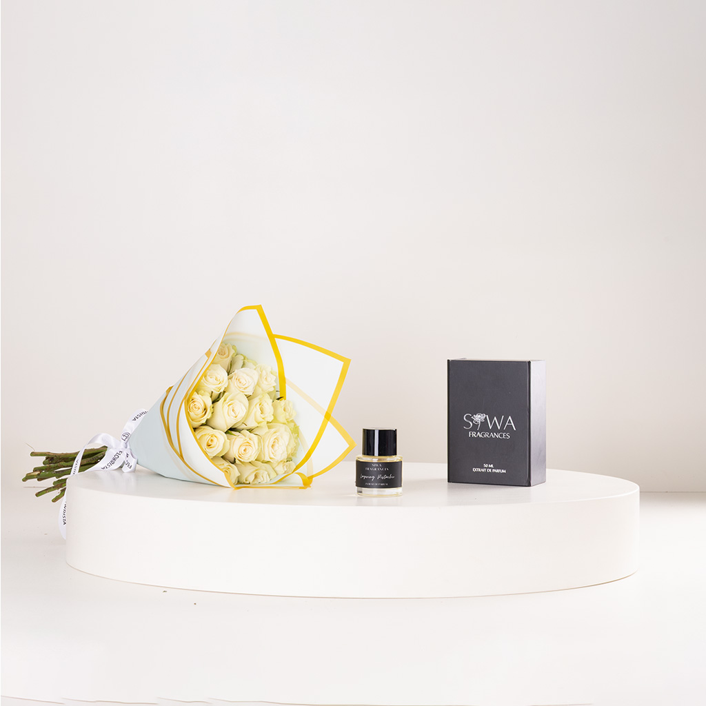 Flowrista Online Flowers Shop Siwa Layering Pistachio Eau de Parfum & White Roses Bouquet