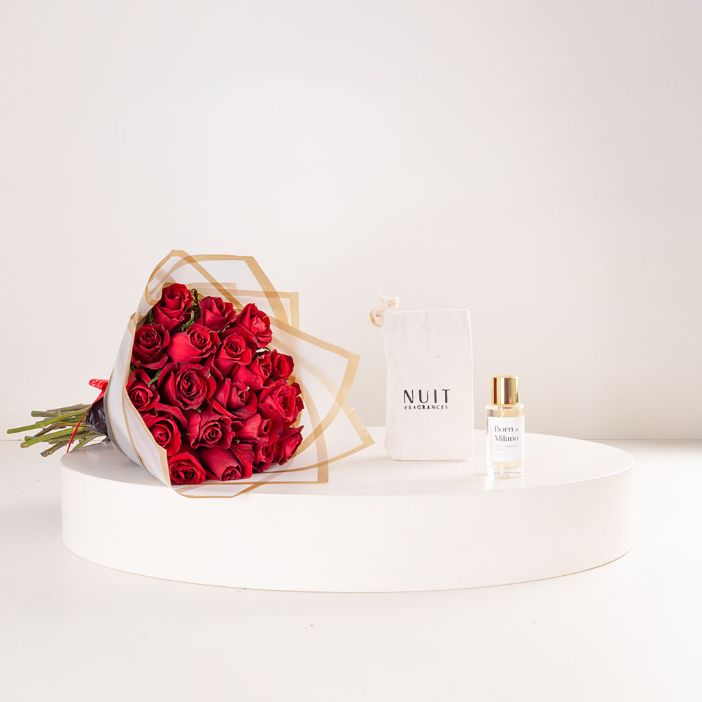 Flowrista Online Flowers Shop عطر نوي بورن إن ميلانو أو دو بارفان ٥٠ مل وباقة من الورود الحمراء