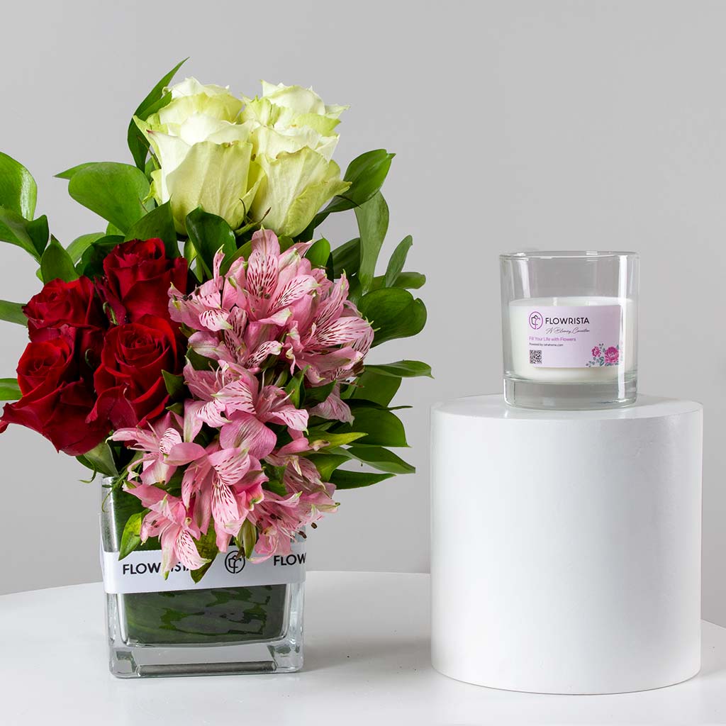 Flowrista Online Flowers Shop Alstroemeria Red & White Roses Vase & Zaha Candle