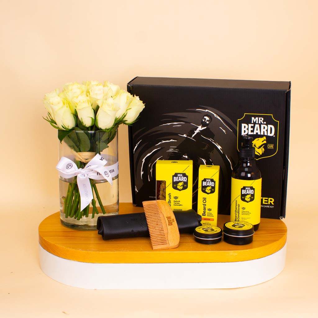 Flowrista Online Flowers Shop Master Beard Kit (Aroma Scent) & White Roses Vase