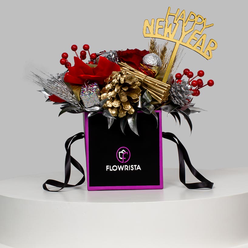 Flowrista Online Flowers Shop New Year's Gift Box: Red Roses & Ornaments
