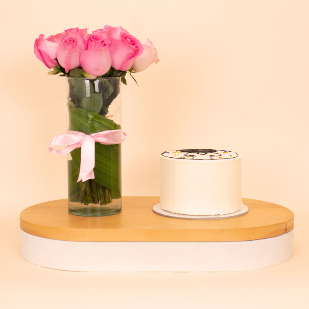 Flowrista Online Flowers Shop Ninos “Proud of You” Celebration Cake & 15 Pink Roses Vase