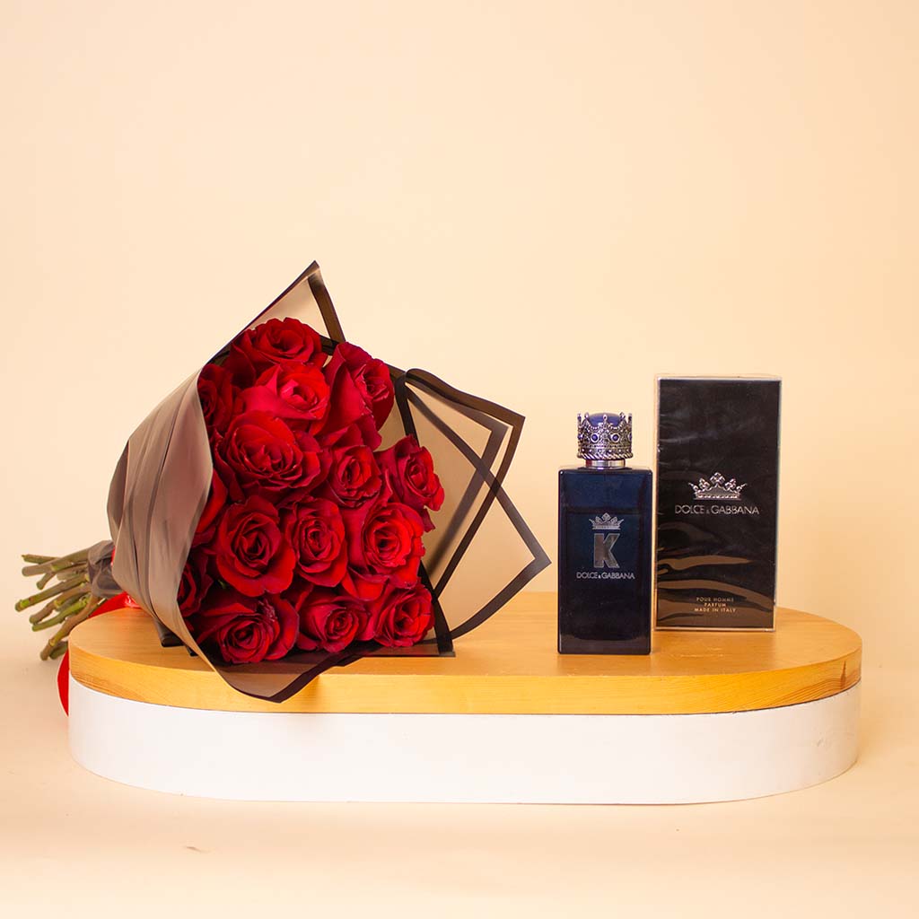 Flowrista Online Flowers Shop Dolce & Gabbana K Pour Homme Parfum 100ml & Red Roses Bouquet