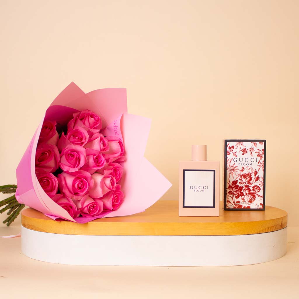 Flowrista Online Flowers Shop Gucci Bloom EDP For Women 100ml & Pink Roses Bouquet