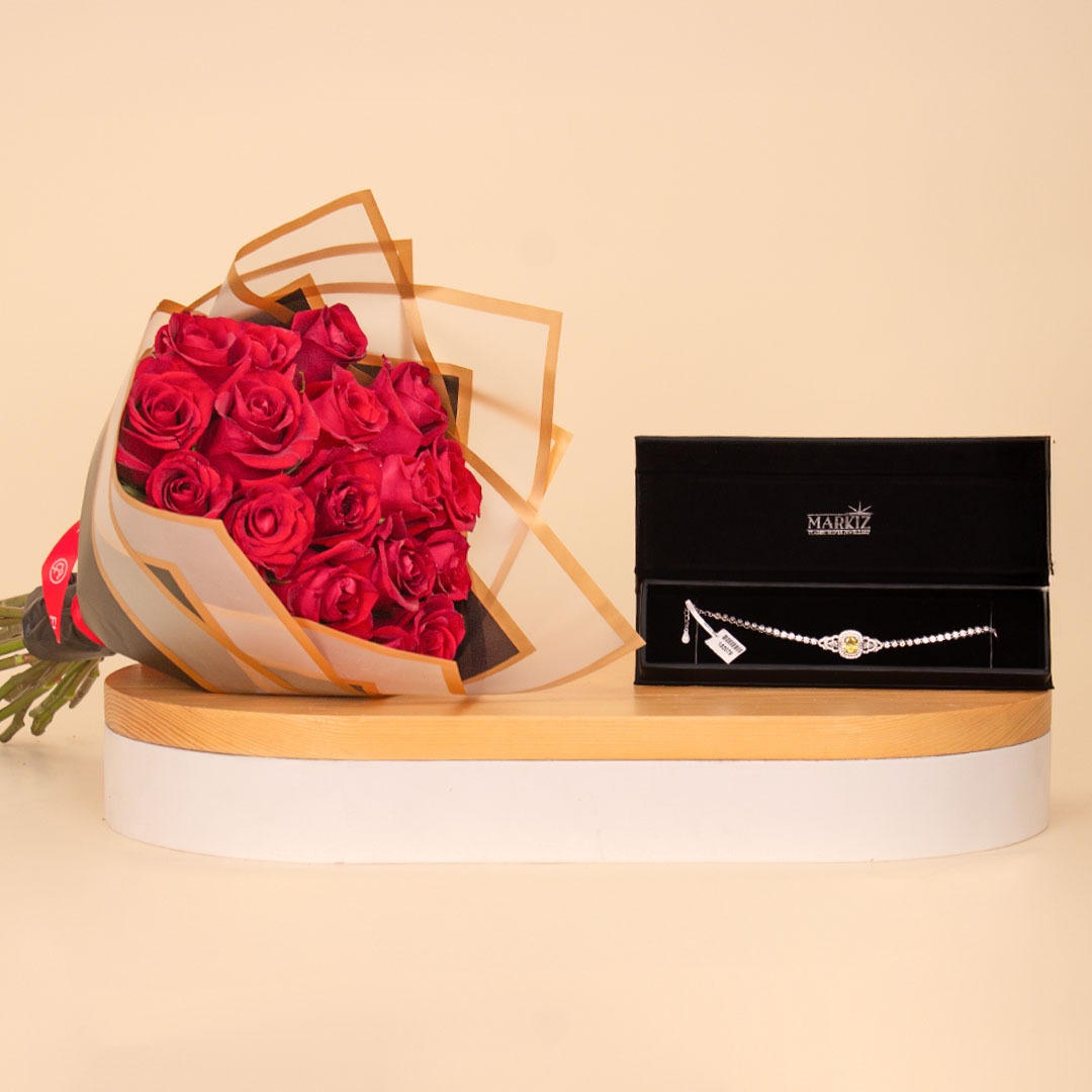 Flowrista Online Flowers Shop سلسلة ماركيز من الزركون الأصفر و20 وردة حمراء