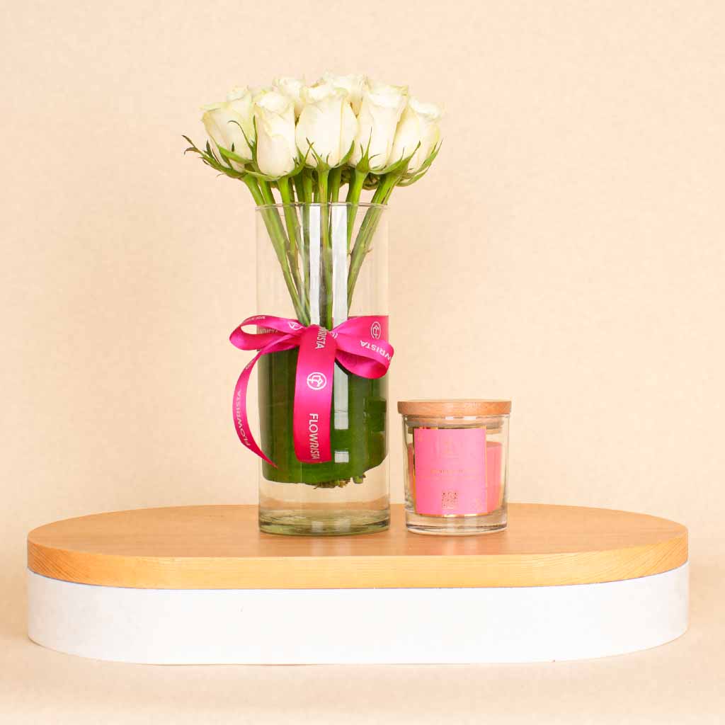 Flowrista Online Flowers Shop White Musk and Vanilla Candles| 15 White Flower Vase