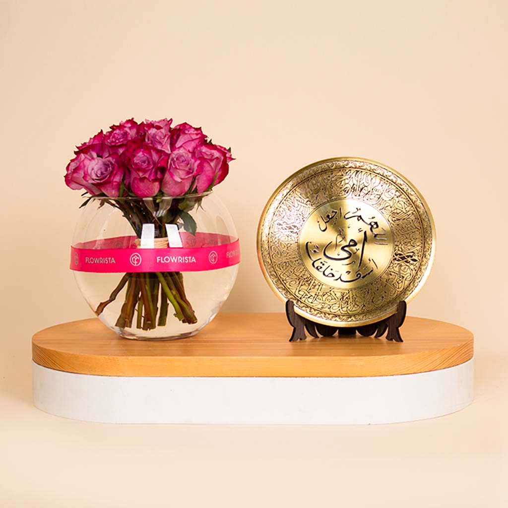 Flowrista Online Flowers Shop Mother Golden Shield with a Flower Bowl Vase of 20 Purple Roses 