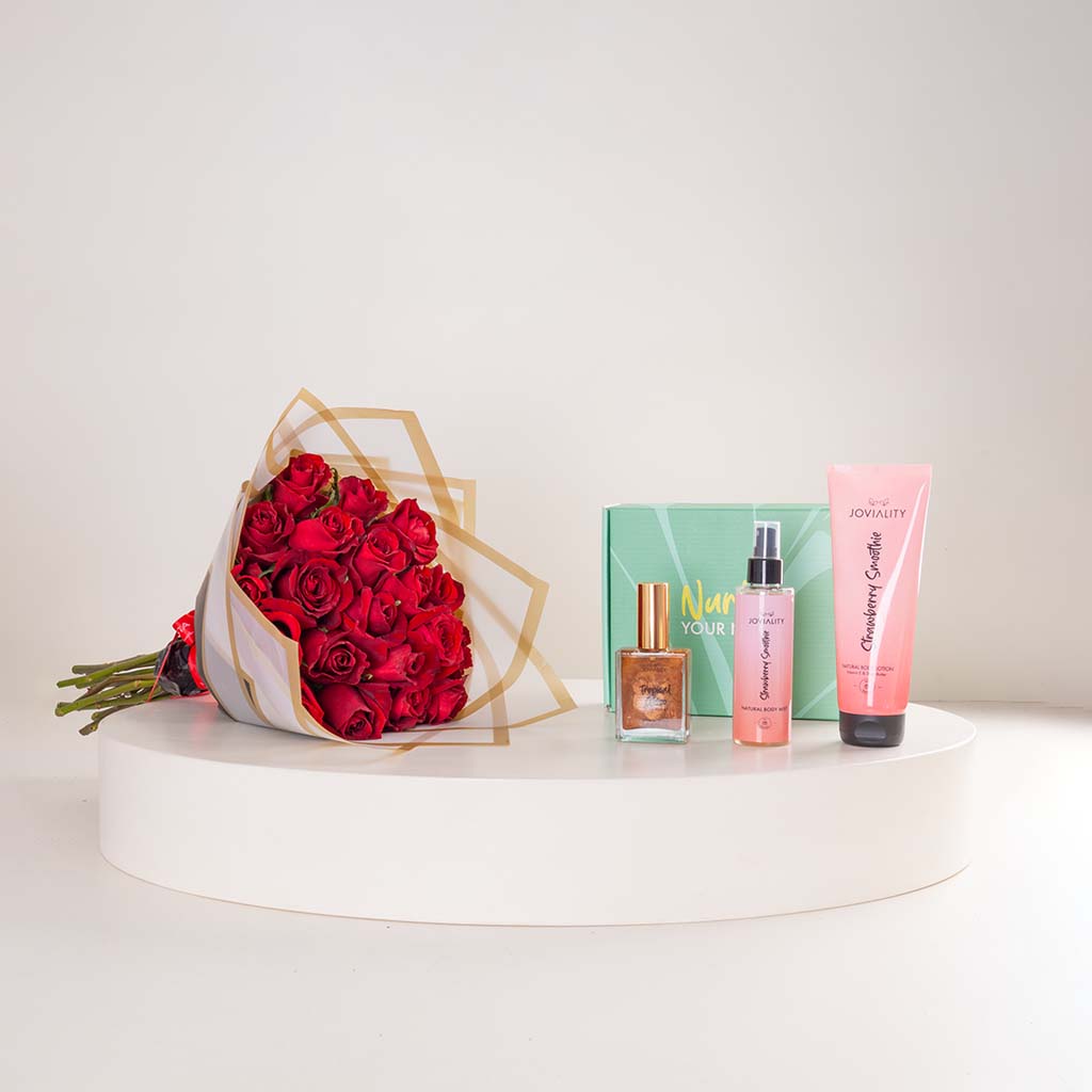 Flowrista Online Flowers Shop Joviality Strawberry Bronze Body Care Trio & Red Roses Bouquet