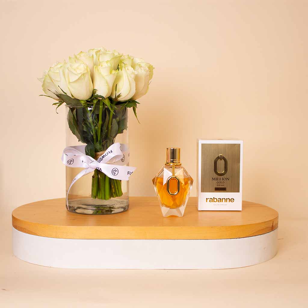 Flowrista Online Flowers Shop عطر باكو رابان مليون جولد للنساء 90 مل مع مزهرية ورد أبيض