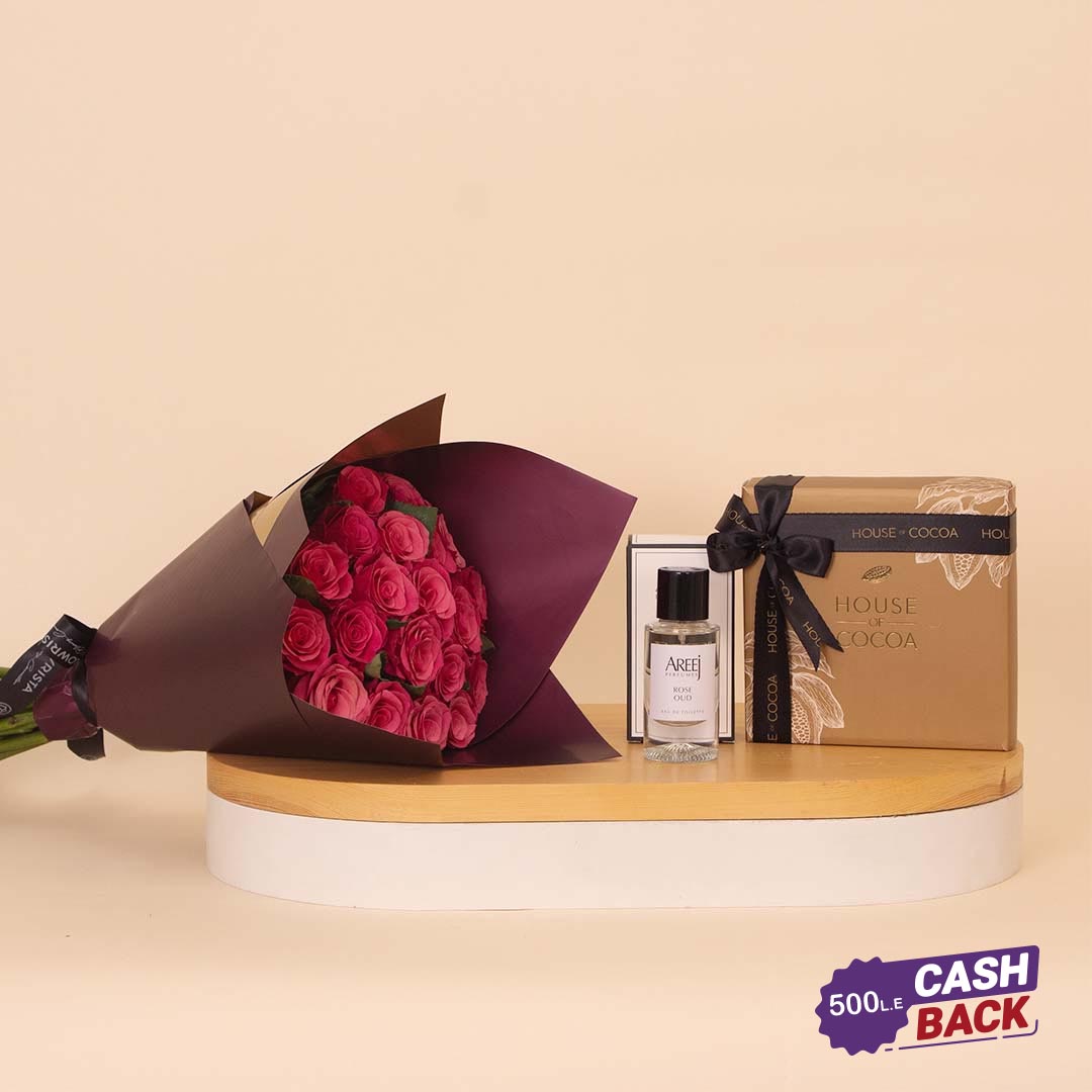 Flowrista Online Flowers Shop A Gift of Romance: Rose Oud, Chocolates & 15 Red Roses