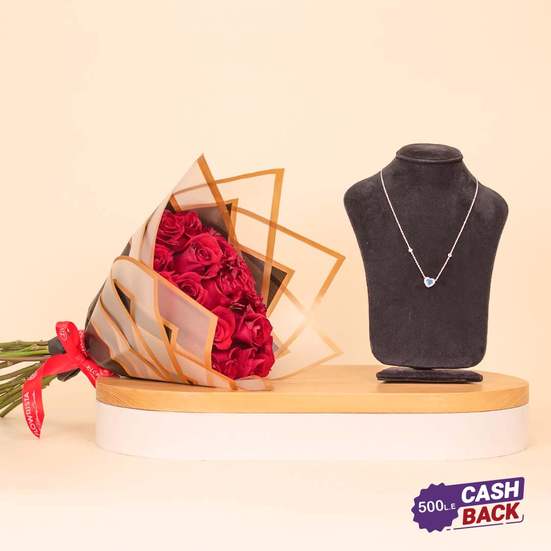Flowrista Online Flowers Shop سلسلة ماركيز على شكل قلب مرصعة بحجر أزرق سماوي و20 وردة حمراء
