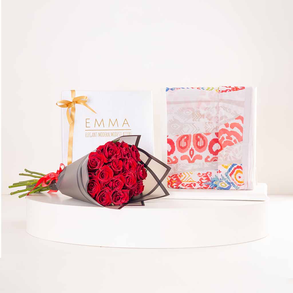 Flowrista Online Flowers Shop EMMA Sierra Scarf & Red Roses Bouquet