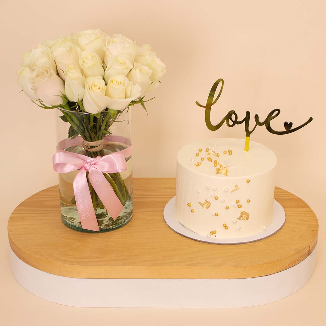 Flowrista Online Flowers Shop Ninos Golden Celebrations Cake & 15 White Roses Vase
