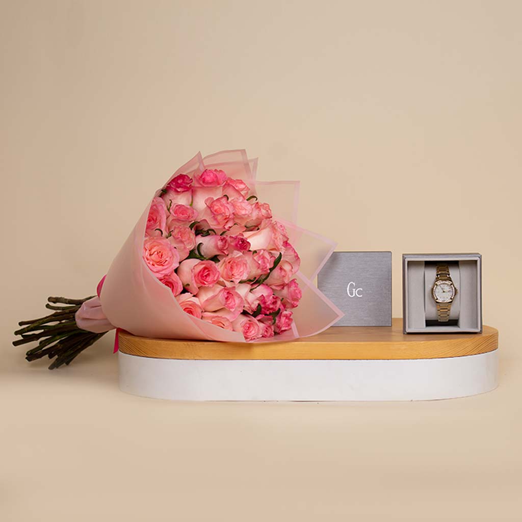 Flowrista Online Flowers Shop ساعة جي سي النسائية ذات الإطار الأبيض من الفولاذ المقاوم للصدأ Z12003l1mf و30 وردة وردية